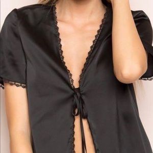 Brandy Melville Satin Tie Front Top Lace Trim Blue